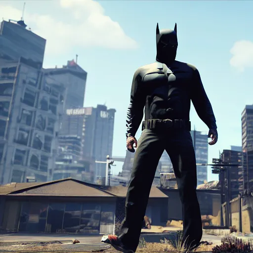 Prompt: trevor philips ( gta 5 ) as batman, town of sandy shores ( gta 5 ) in background. unreal engine 5, 4 k, high quality