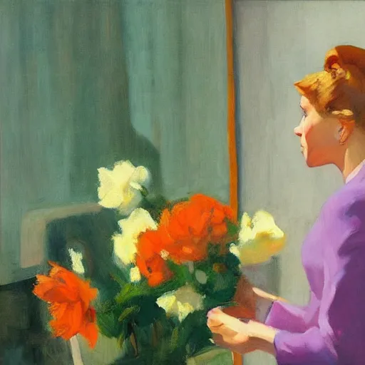 Image similar to flowers and lady, hopper, ben aronson 1950