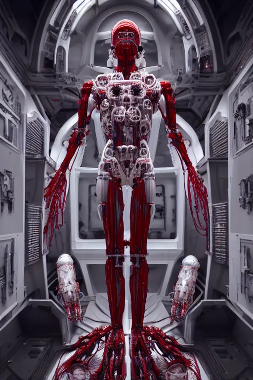 Image similar to high detailed white space station interior a statue jesus on cross made of red marble, perfect symmetrical body, full body shot, inflateble shapes, wires, tubes, veins, jellyfish, white biomechanical details, wearing epic bionic cyborg implants, masterpiece, intricate, biopunk, vogue, highly detailed, artstation, concept art, cyberpunk, octane render