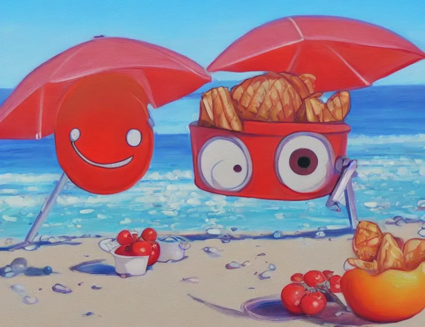 Prompt: a painting of a lazy red tomato with googly eyes on a sunny beach eating ice cream, a sunset by james jean, no human figuration or portrait