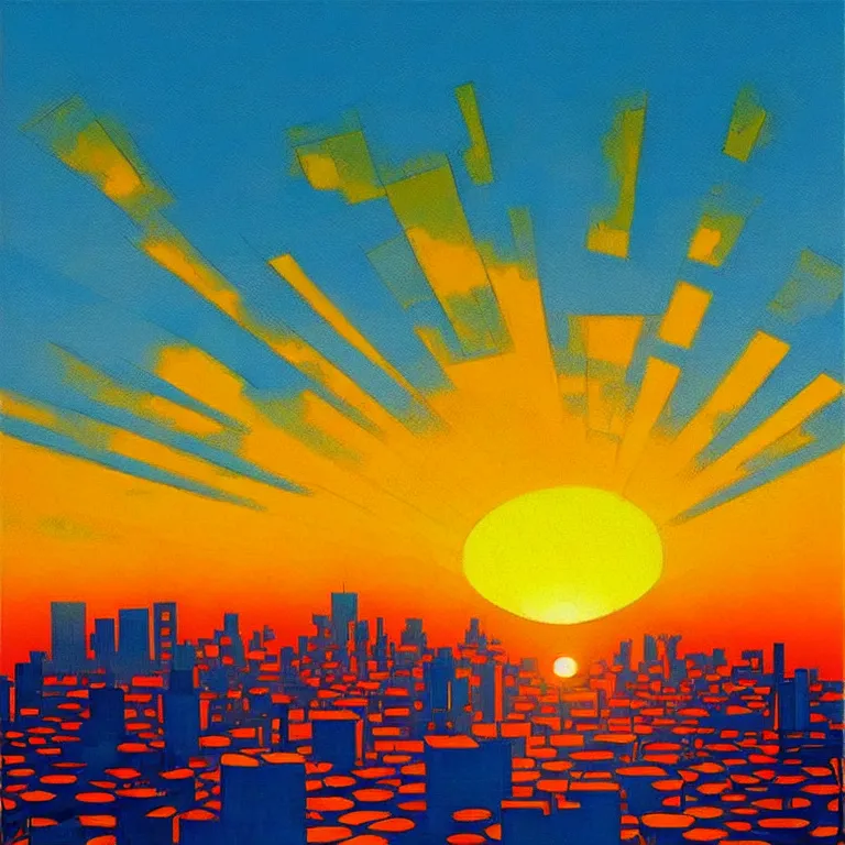 Prompt: birdseye view of a sunrise over a city, art by earle, eyvind