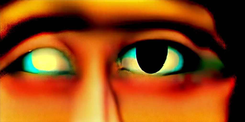 Image similar to a closeup of a person's face using a computer at night, just the light from the screen, reflective eyes, extremely detailed