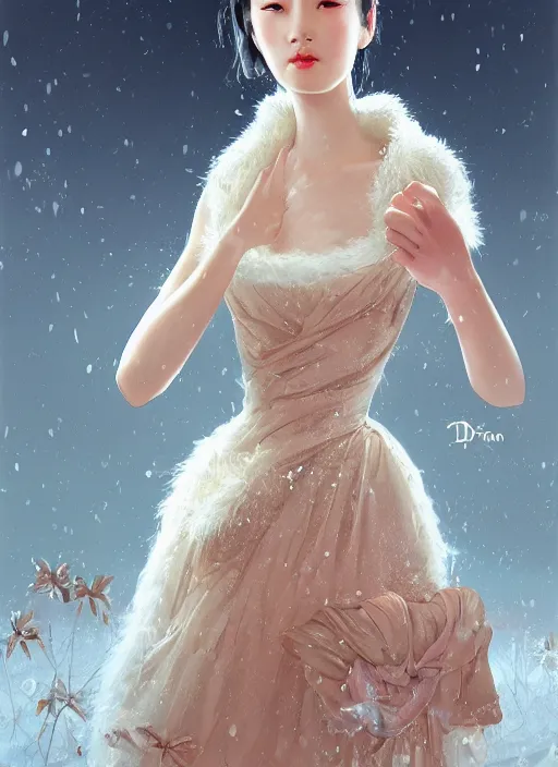 Image similar to a beautiful young charming princess asian goddess with sundress & jewelry & shinny eyes & winter, symmetric, realistic shaded, unpleasant face, good looking, fine details, dior, lv, realistic shaded lighting poster by greg rutkowski, macoto takahashi, magali villeneuve, artgerm, jeremy lipkin and michael garmash