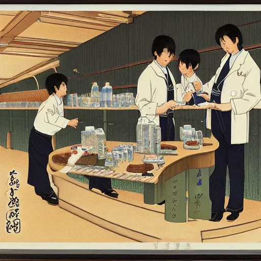 Image similar to chemists in white coats are eating a giant roll, hasui kawase