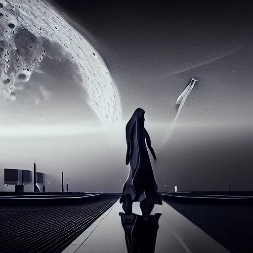 Image similar to digital image oily airport architecture motherboard cpu in liquid on the coronation of napoleon painting, on moon with medium size woman walking with black background. unreal engine 5, keyshot, octane, artstation trending, by Zaha Hadid style architecture, by Matrix film color, high contrast pinterest black plastic, dark atmosphere pinterest tilt shift, 4k, 8k, 16k.