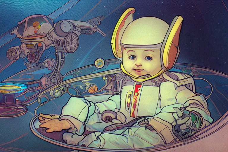 Image similar to a baby in a spaceship, very detailed, smooth render, illustration, art style by shigeru miyamoto and Alphonse Mucha