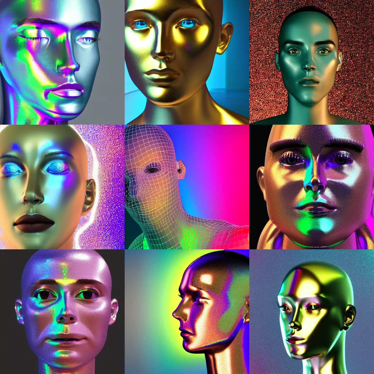 Image similar to 3d render of holographic human robotic head made of glossy iridescent, surrealistic 3d illustration of a human face non-binary, non binary model, 3d model human, cryengine, made of holographic texture, holographic material, holographic rainbow, concept of cyborg and artificial intelligence