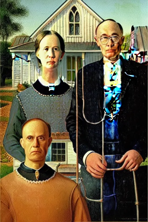 Image similar to Elon Musk with Dmitry Rogozin in style of a painting American Gothic by Grant Wood,