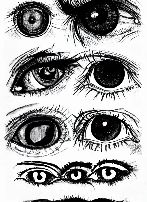 Image similar to diverse eyes!, dot pupils, round pupil, happy human eyes, round iris, advanced art, art styles mix, from wikipedia, grid of styles, various eye shapes