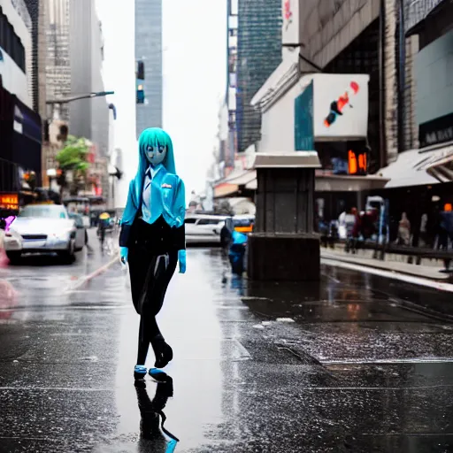 Image similar to hatsune miku cosplayer walking down a rainy new york city street, ef 8 5 mm f 1. usm