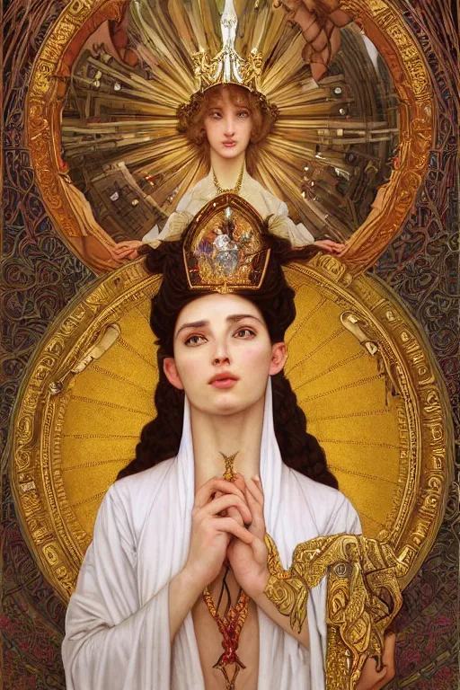 Image similar to Portrait of historically accurate, biblical, sneering, young, wicked, terrible, evil, pagan, beautiful, queen jezebel of ancient Israel, wearing gilded robes, long hair, intricate, elegant, highly detailed, masterpiece, illustration, art by artgerm and greg rutkowski and alphonse mucha and Wayne Barlowe and william-adolphe bouguereau, highly detailed, trending on artstation, award winning