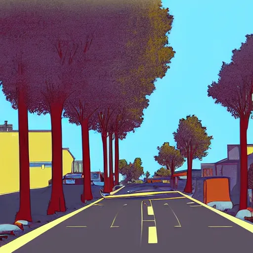 Image similar to neighborhood street, uptown street, golden hour, golden sunshine, trees over road, shining sun in distance, trees, juniper trees, oak trees, cars parked in street, long street, distance, cel - shaded, raytracing, cel - shading, toon - shading, 2 0 0 1 anime, flcl, jet set radio future, drawn by artgerm