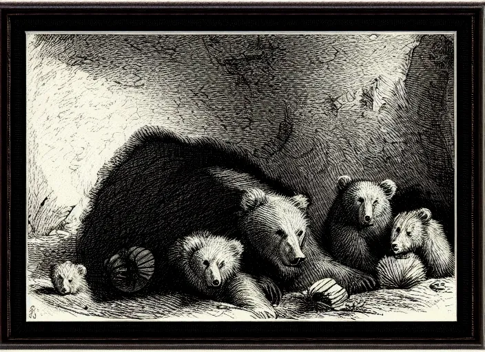 Image similar to Pieter Claesz's 'mother bear and her cubs sleeping in a dark cave', night time, cross hatching, framed