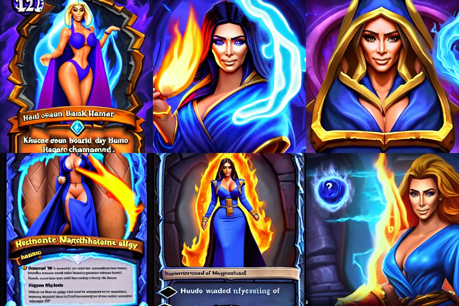 Prompt: Who : a mage with a blue robe casting a fire ball; Body : Kim Kardashian body ; Head : Amber Heard face and hair ; IMPORTANT : Hearthstone official splash art, award winning, trending in category \'hyperdetailed\'