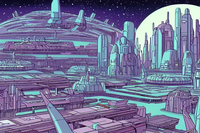 Image similar to a scifi illustration, Galactic City on Coruscant. flat colors, limited palette, heavy line work in FANTASTIC PLANET La planète sauvage animation by René Laloux