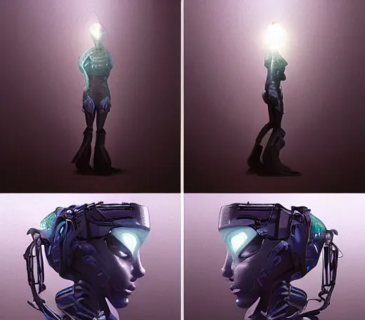 Image similar to beautiful robot character design, full body, whole body, one face, dystopian, glowing led lights, skin details, digital painting, comic book drawin, sculpted in zbrush, artstation, concept art, smooth, sharp, chiaroscuro, soft lighting, rule of thirds, fibonacci, art by mike mignola and david rubin