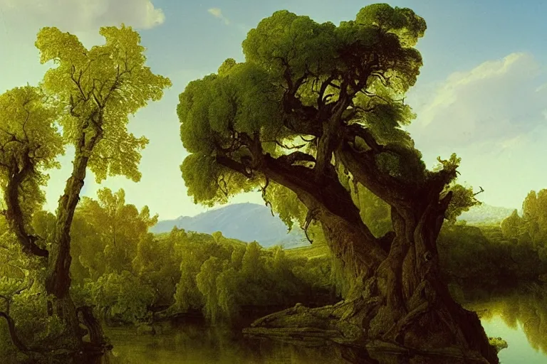 Image similar to painting of a old tree next to a meandering river by alexei savrasov and thomas cole