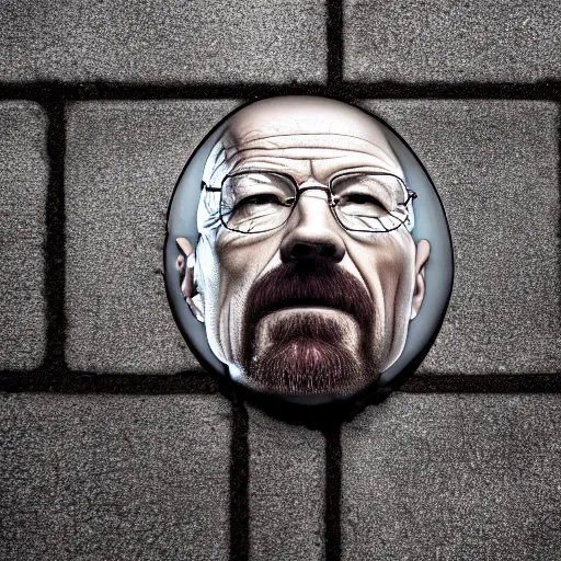 Prompt: walter white's face on a as a puddle of water on a street, close up 8 k photograph new film water white