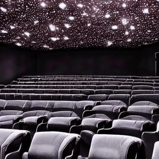 Prompt: unnerving image of an infinite creepy cinema hall, the screen is very small, liminal space, dark, black, creepy