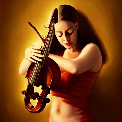 Prompt: woman violin, oil painting, artstation, dramatic lighting, symmetry, beautiful