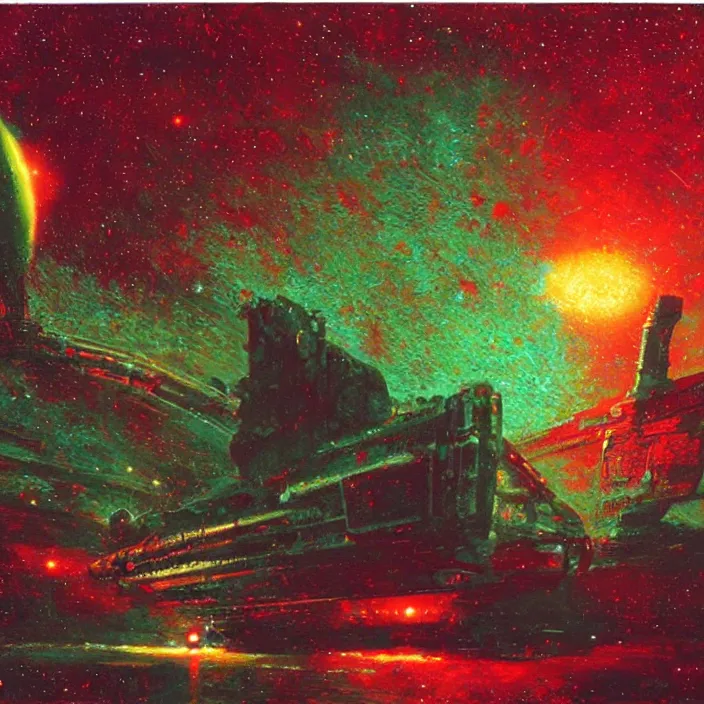 Prompt: gargantuan disappointment, red and green palette, night lights, starry sky, by ( h. r. giger ) and paul lehr