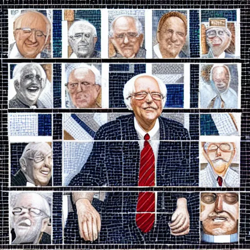 Prompt: tile mosaic mural of Bernie Sanders, intricate detailing, mostly triangular and geometric, beautiful high quality art,