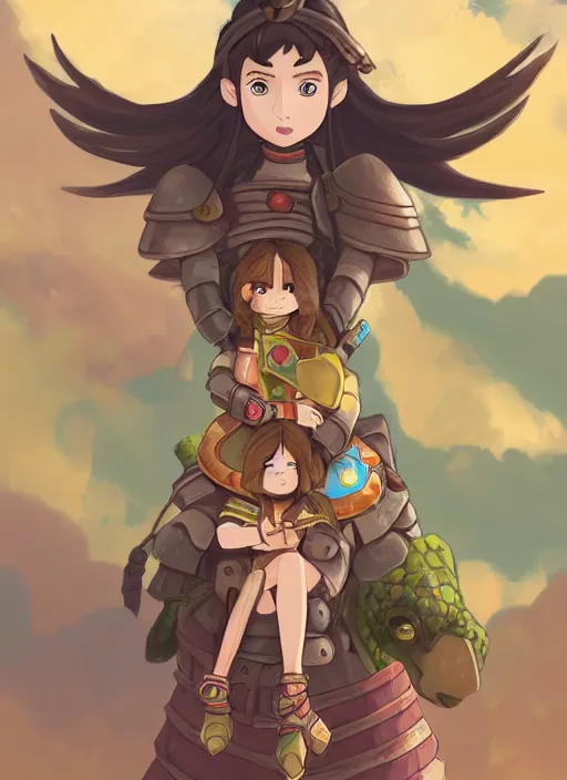 Image similar to portrait of a little warrior girl character sitting on top of a giant armored turtle in the desert, studio ghibli epic character with dark skin and beautiful green eyes, very beautiful detailed symmetrical face, long black hair, bright colors, diffuse light, dramatic landscape, fantasy illustration