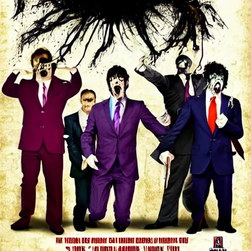 Image similar to tally hall, the band in suits with colorful ties, on a horror movie poster