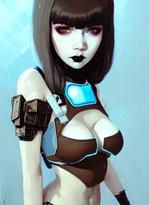 Image similar to portrait of cute goth maiden girl in cyber bikini armor, face by ilya kuvshinov, warhammer, cyberpunk, by atey ghailan, by greg rutkowski, by greg tocchini, by james gilleard, by joe fenton, by kaethe butcher, dynamic lighting, gradient light blue, brown, blonde cream and white color in scheme, grunge aesthetic
