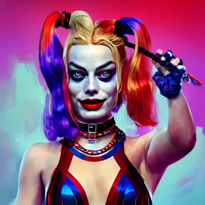 Image similar to portrait of Margot Robbie as a harley quinn. intricate abstract. intricate artwork. by Tooth Wu, wlop, beeple, dan mumford. octane render, trending on artstation, greg rutkowski very coherent symmetrical artwork. cinematic, hyper realism, high detail, octane render, 8k, iridescent accents