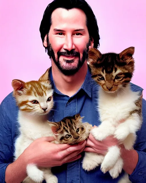 Image similar to “ head and shoulders glamour portrait of keanu reeves smiling at the camera and cradling a half dozen kittens in his arms, pastel colored background, high quality photo, photography, dreamy, 8 k, hd, hdr ”