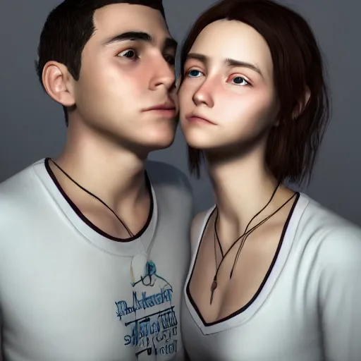 Prompt: perfectly centered symmetrical split male and female portrait of man and woman in love sharing one heart ; 3 d render by lilia alvarado, photorealistic, highly detailed ; octane ; unreal engine ; trending on artstation