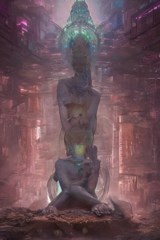 Image similar to a epic sakyamuni, the founder of buddhism in cyberpunk style temple, struggling in a ruined city full of organic fractal mycelum and fung, super complex and instruct, epic stunning atmosphere, hi - tech synthetic rna bioweapon nanotech, art by anthony macbain + greg rutkowski + alphonse mucha, concept art, 4 k, sharp focus