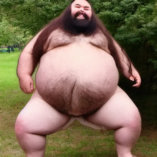 Image similar to a photo of a very hairy and fat man wearing a thong, with long hair holding a 1 0 m yam