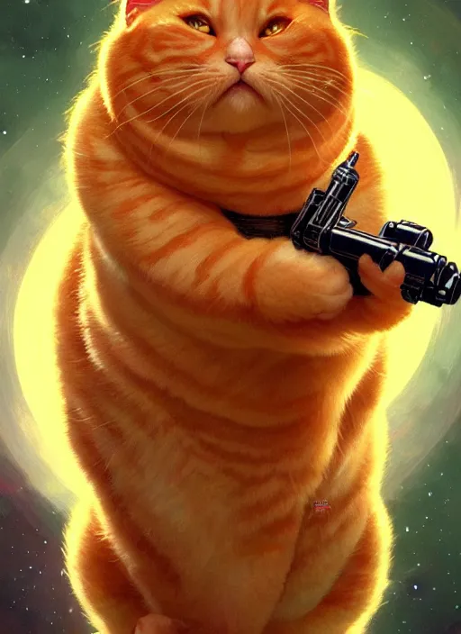Prompt: a fat ginger cat holding a lightsaber, star wars, beautiful glowing lights, sci - fi, stunning, intricate, elegant. highly detailed, digital painting. artstation. smooth. sharp focus. illustration. art by artgerm and greg rutkowski and alphonse mucha