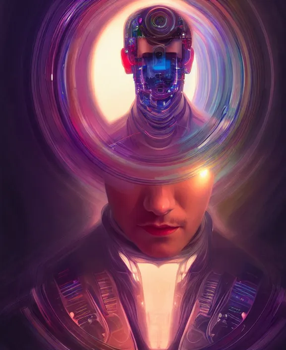 Image similar to a whirlwind inside the metaverse, guy, male, man, hologram, half body, neurochip, android, cyborg, cyberpunk face, by loish, d & d, fantasy, intricate, elegant, highly detailed, colorful, digital painting, artstation, concept art, art by artgerm and greg rutkowski and alphonse mucha