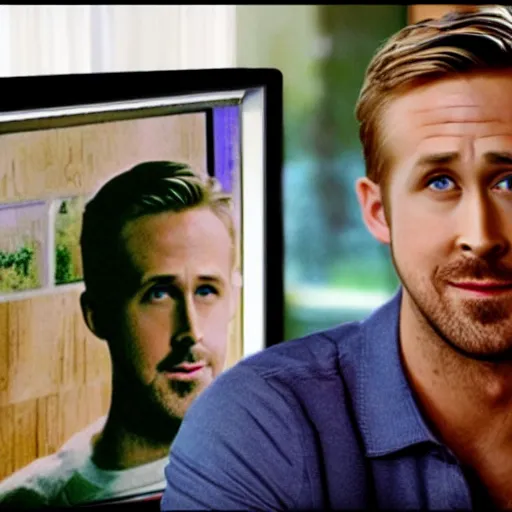 Image similar to Photo of Ryan Gosling feeding an image of Ryan Gosling on a TV some cereal! Its the Ryan Gosling meme haha!