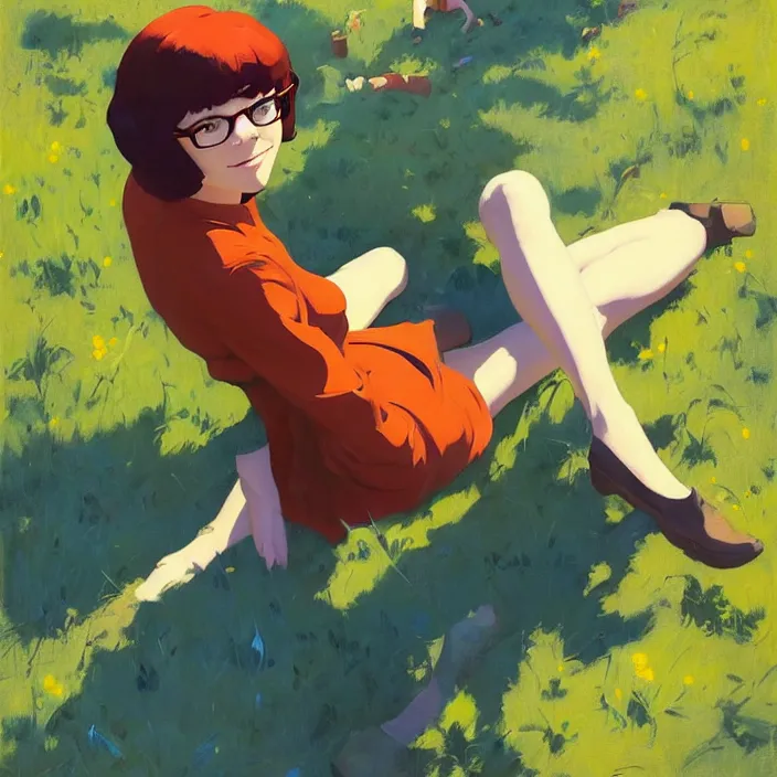 Image similar to Painting of Velma Dinkley in the style of Cowboy Bebop, countryside, calm, fantasy character portrait, dynamic pose, above view, sunny day, thunder clouds in the sky, artwork by Jeremy Lipkin and Giuseppe Dangelico Pino and Michael Garmash and Rob Rey and Greg Manchess and Huang Guangjian and Makoto Shinkai, very coherent asymmetrical artwork, sharp edges, perfect face, simple form, 100mm