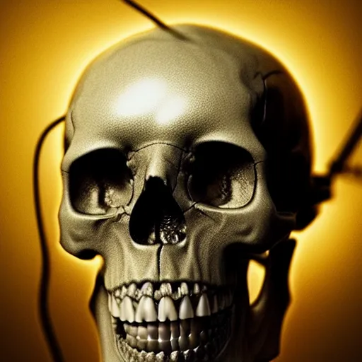 Image similar to a human skull, revealing wires and electronics, arteries, veins, sci - fi, missing panels, intricate abstract intricate artwork, concept art, octane render, deviantart, cinematic, key art, hyperrealism, iridescent accents, portrait photograph, nikon 3 5 mm, photograph by greg rutkowski