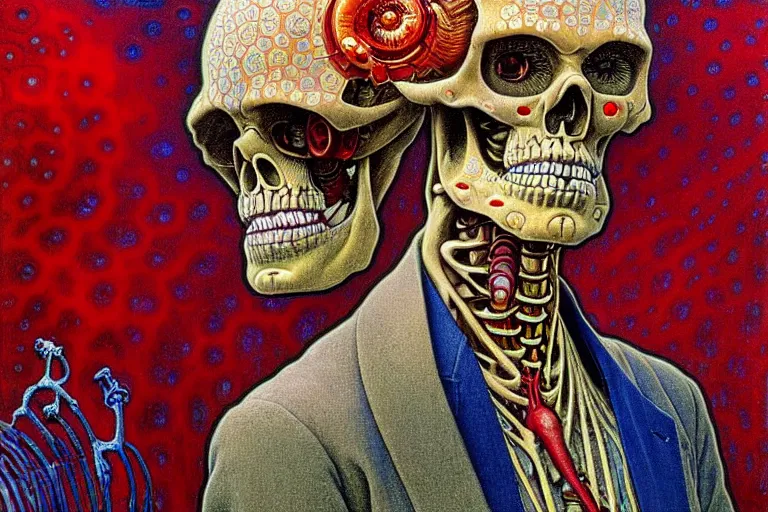 Image similar to realistic detailed closeup portrait painting of a single skeleton wearing red velvet blazer in a crowded futuristic moscow street by Jean Delville, Amano, Yves Tanguy, Alphonse Mucha, Ernst Haeckel, Edward Robert Hughes, Roger Dean, rich moody colours, blue eyes