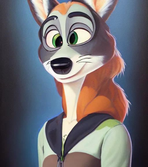 Image similar to oil painting of detailed full body of anthromorphic female wolf, in style of zootopia, zootopia, zootopia, fursona, furry, furaffinity, 4 k, deviantart, furry art, fursona art, wearing black business suit, business suit, in style of zootopia, wolf fursona, cyberpunk, female, expressive detailed feminine face,