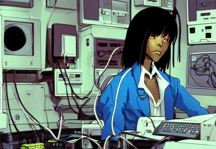 Prompt: dark skin woman wearing a white lab coat with a blue haircut, body connected to wires and surrounded by 1 9 8 0 s computers, in the style of serial experiments lain and gainax evangelion 1 9 9 5, dynamic lighting, dark ambience, one light source, 3 5 mm, cell - shaded, detailed face