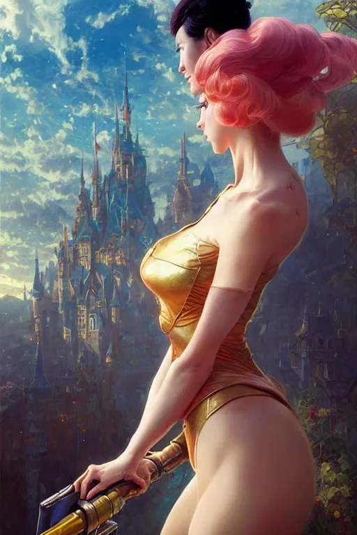 Image similar to aeon flux as princess peach picture by Greg Rutkowski, dynamic pose, matte painting, intricate, z brush, fantasy concept art, elegant, by Stanley Artgerm Lau, WLOP, golden ratio, thomas kindkade, alphonse mucha, loish, Peter chung, norman Rockwell,