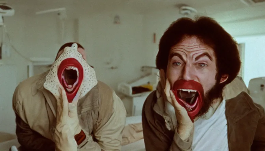 Image similar to 70s movie still of a man yelling with trypophobia mouth in hospital, eastmancolor, heavy grain, high quality, higly detailed, liminal space