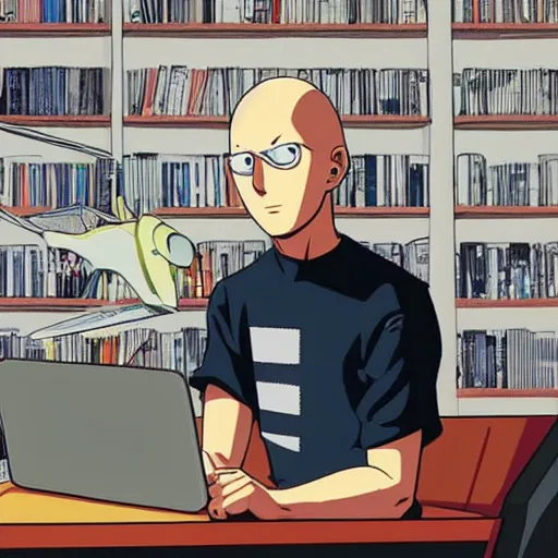 Image similar to portrait of bored saitama sitting in front of a computer by yusuke murata and mcbess