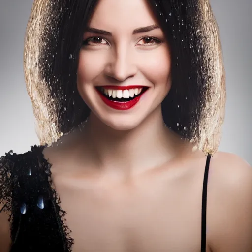 Image similar to professional headshot of an elegant female vampire smiling, the side of her face is sprayed with droplets of blood. high resolution, realistic, professional lighting, nikon camera, 8 k, imdb. com