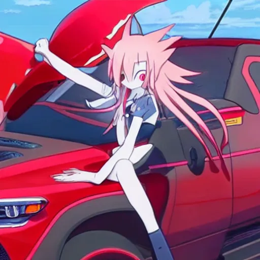 Image similar to zero two from darling in the franxx driving a dodge ram