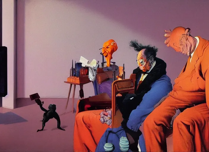 Prompt: a still from the tv series seinfeld by francis bacon, surreal, norman rockwell and james jean, greg hildebrandt, triadic color scheme, by greg rutkowski, syd mead and edward hopper and norman rockwell and beksinski, dark surrealism, orange and turquoise and purple and pink and blue