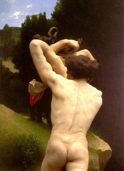 Prompt: a young man holding the head of a monster, climbing a hill in front of a crowd, extremely realistic and highly detailed painting by william - adolphe bouguereau and caravaggio, soft light, gold ratio