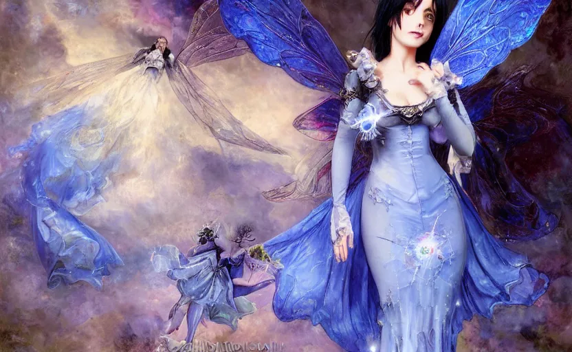 Prompt: fairy long blue dress, victorian dress, misa amane, battle angel alita. by rembrandt 1 6 6 7, illustration, by konstantin razumov, frostine engine, vibrant colors, fractal flame